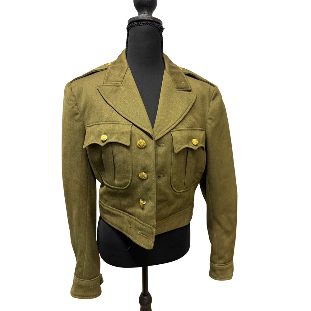 Vintage WII Military Cropped Ike Jacket Olive Drab Wool Gold Eagle Buttons Army